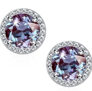 June 18k White Gold Alexandrite Birthstone Diamond Halo Stud Earrings S925 Gem